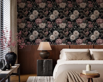 Peel and Stick Wallpaper, Dark Floral and Bird Mural, Black Rose Wall Mural, Vintage Inspired Self Adhesive Wallpaper, Botanical Wall Mural