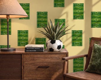 Soccer Wallpaper Boys Room, Yellow Vintage Football Field Wall Mural, Sports Nursery Peel and Stick Wallpaper, Cream Playroom Décor