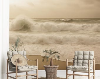 Stormy Beach Wall Mural, Ocean Waves Wallpaper, Sepia Seascape Accent, Coastal Home Décor, Peel and Stick Removable