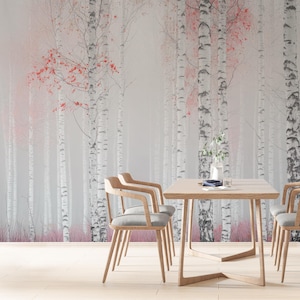 Wall Mural Birch Tree Forest, Pink Leaves Wall Mural, Wallpaper Nature Inspired Wall Decor, Scandinavian Style, Removable Wallpaper
