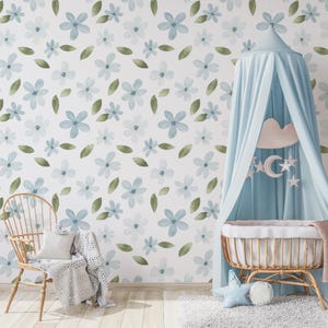 Blue Floral Wallpaper, Watercolor Flower Wall Mural, Nursery Decor, Playroom Wallpaper, Peel and Stick, Removable Wallpaper