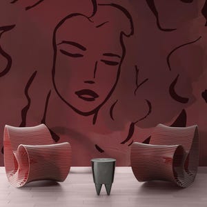 Modern Burgundy Line Art Wall Mural, Feminine Abstract Wallpaper, Minimalist Accent Wall Decor