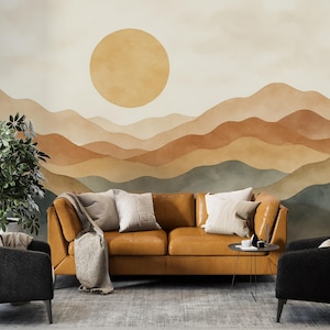 Boho Sunset Mountain Wall Mural: Terracotta Landscape Peel and Stick Wallpaper