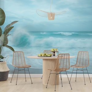 Turquoise Ocean Waves Mural, Coastal Beach Wallpaper, Blue Seascape Accent Wall, Modern Home Décor, Peel and Stick Removable
