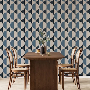 Geometric Circle Wallpaper, Blue and Beige Home Decor, Modern Retro Wall Mural