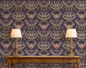 May include: A room featuring a dark purple wallpaper with a repeating floral pattern in shades of green, pink, and gold. Two wooden table lamps with beige shades sit on a wooden console table with drawers. The scene evokes a vintage aesthetic.