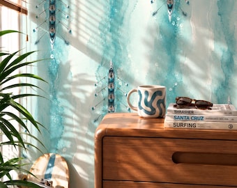 Aqua Coastal Boat Pattern Wallpaper, Teal Watercolor Rowing Wallpaper Peel and Stick, Nautical Crew Team Wallpaper, Ocean Waves Wall Décor