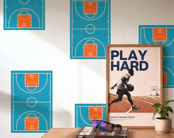 Basketball Court Wallpaper Peel and Stick, Kids Room Sports Mural, Blue Orange Basketball Pattern Wall Décor, Teen Boy Room Accent Wall