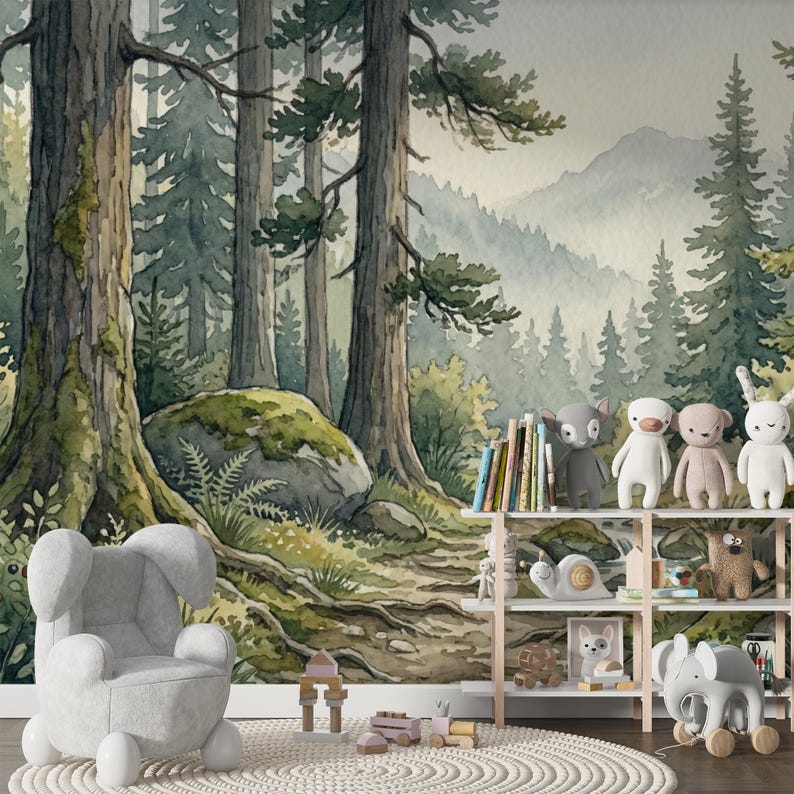 Watercolor Woodland Forest Wallpaper Mural for Kids Room, Nature ...
