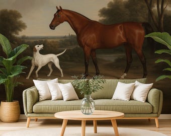 Equestrian Wallpaper Mural: Horse & Dog Painting, Vintage Style