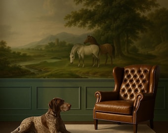Equestrian Wallpaper Mural: Vintage Horse Landscape, Elegant Country Decor
