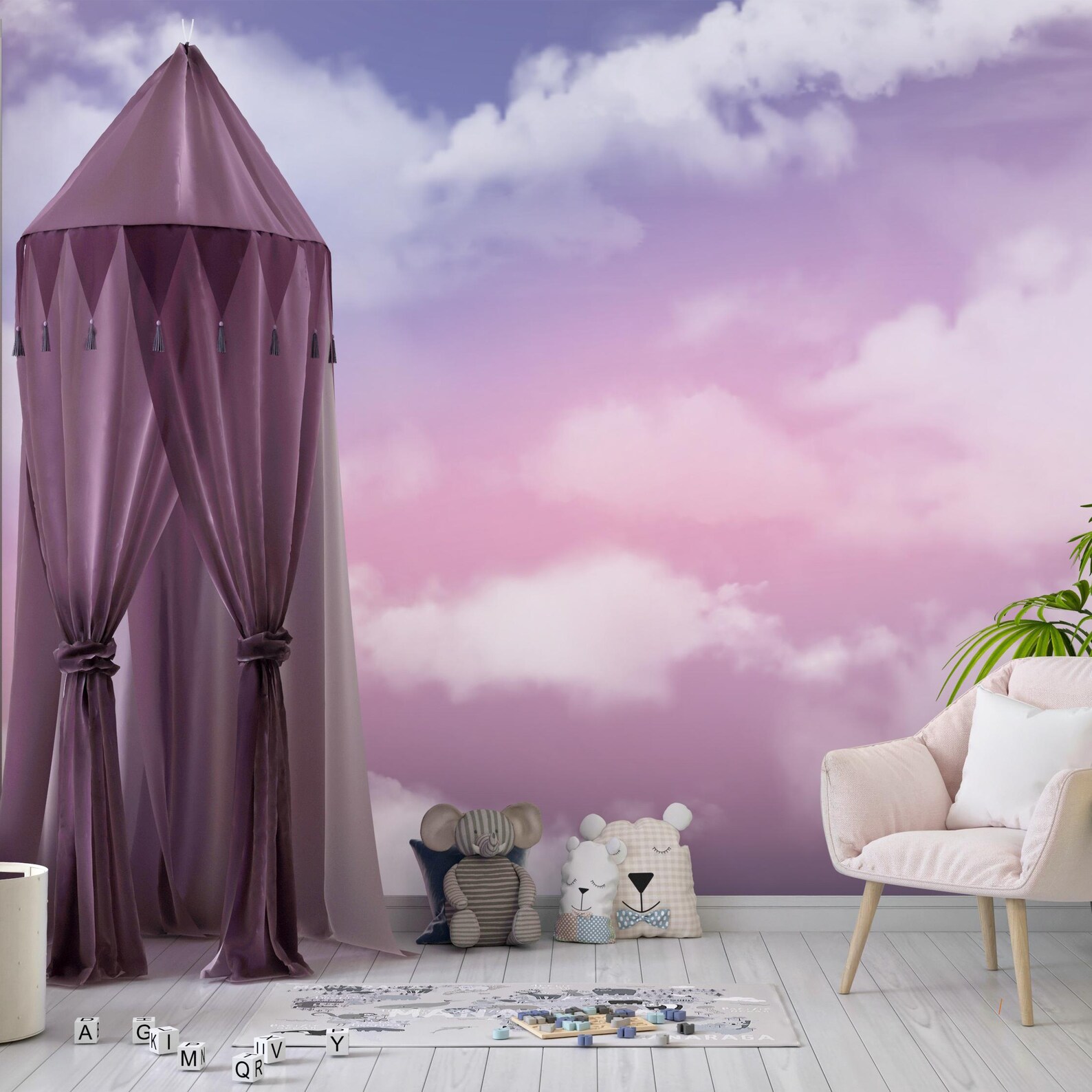 Pink & Purple Clouds Wall Mural - Dreamy Sunset Sky Wallpaper, Kids ...