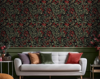 Victorian Floral Wallpaper, William Morris Wallpaper Black Red, Floral Dark Red & Green Wallpaper, Vintage Botanical Wallpaper