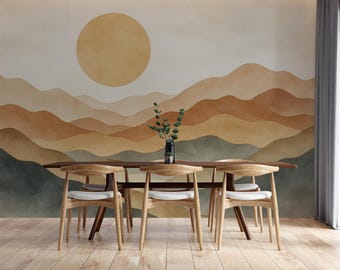 Boho Mountain Wallpaper, Terracotta Landscape Wall Mural, Watercolor Sun and Hills Wall Covering, Mid Century Modern Peel and Stick Nursery