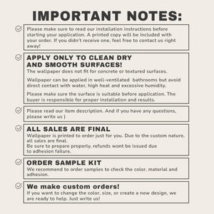 以下が含まれることがあります： 「IMPORTANT NOTES:」のテキストといくつかの箇条書きが記載されたベージュ色のグラフィック。インストール手順、表面要件、最終販売、サンプルキット、カスタムオーダーオプションについて記載されています。テキストは明確で読みやすいフォントです。
