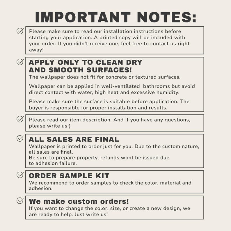 以下が含まれることがあります： 「IMPORTANT NOTES:」のテキストといくつかの箇条書きが記載されたベージュ色のグラフィック。インストール手順、表面要件、最終販売、サンプルキット、カスタムオーダーオプションについて記載されています。テキストは明確で読みやすいフォントです。