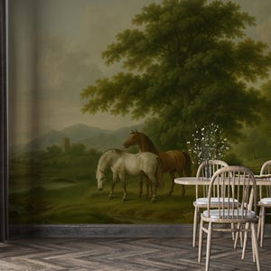 Classic Equestrian Mural, Antique Horse Painting Wallpaper, Grandmillennial & Dark Academia Décor, Removable Scenic Landscape