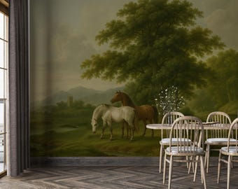 Classic Equestrian Mural, Antique Horse Painting Wallpaper, Grandmillennial & Dark Academia Décor, Removable Scenic Landscape