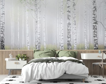Birch Forest Wallpaper Mural, Scandinavian Nature Wall Decor, Misty Birch Tree Wall Art, Woodland Peel & Stick Wallpaper