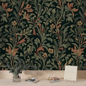Wallpaper Victorian Floral, Dark Green & Rust, Elegant Botanical Wall Art, Dark Green Vintage Floral Wallpaper, William Morris Wallpaper