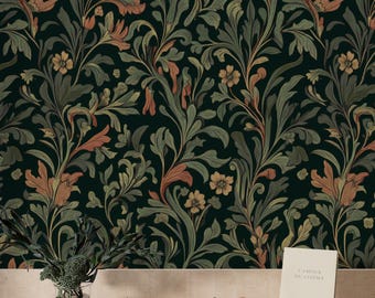 William Morris Style Wallpaper, Dark Botanical Wall Mural, Moody Floral Peel and Stick, Crafts Vintage Wallpaper, Sage Green Terracotta