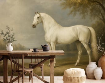 White Horse Wallpaper Mural: Equestrian Farmhouse Accent Wall