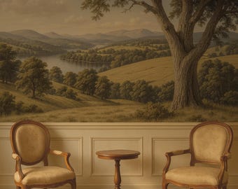 Classic Pastoral Landscape Mural Wallpaper | French Country Peel and Stick Scenic Mural | Light Academia | Vintage Scenic Mural Art