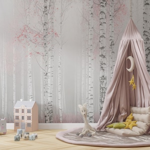 Woodland Nursery Wallpaper Peel and Stick, Misty Birch Tree Forest Mural, Scandinavian Kids Room Decor, Pink Grey White Wall Covering