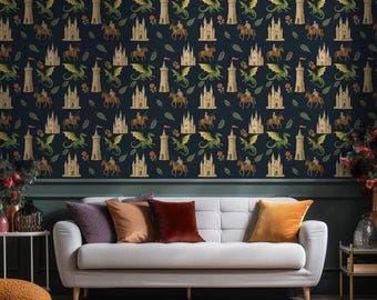 Medieval Castle Dragon Wallpaper Mural: Dark Academia Decor