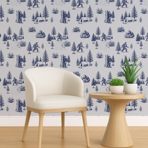 Bigfoot Toile Wallpaper: Quirky Sasquatch Pattern, Cabin Wall Decor