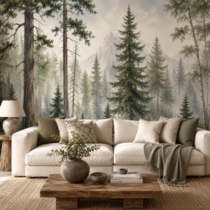 Forest Wall Mural Landscape Wallpaper, Pine Tree Wall Art Peel and Stick, Misty Mountain Wallpaper, Woodland Nursery Décor, Nature Mural