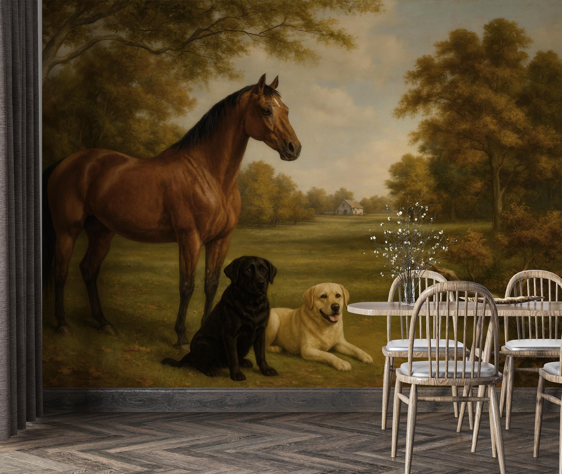 Horse and Dogs Wall Mural, English Countryside Wallpaper, Peel and
