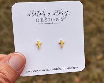 Cross earrings, tiny gold cross studs, gold plated stainless steel cross earrings