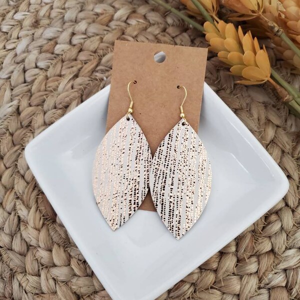 Rose gold rain leather earring, rose gold and cream leather earring, leaf leather earring