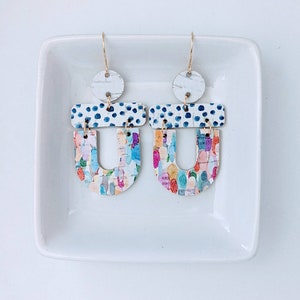 Color and pattern mixing geometric leather earrings, u shaped leather earrings, colorful lightweight leather earrings
