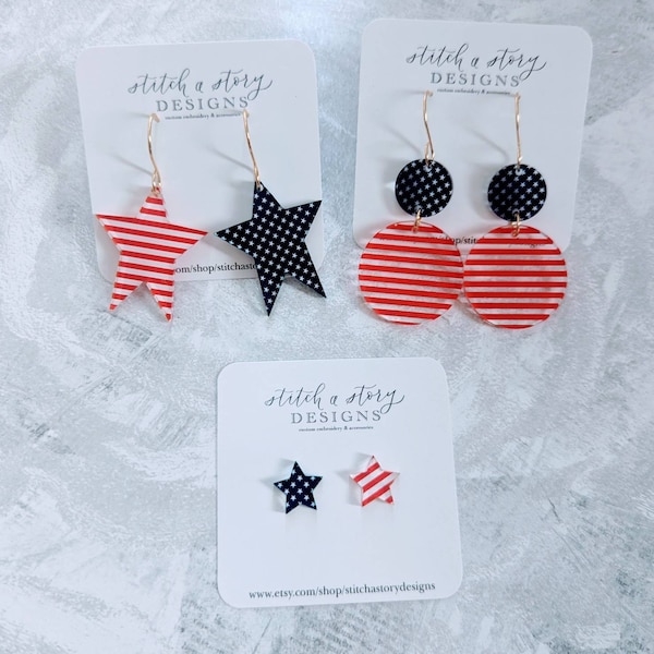 Acrylic stars and stripes earrings, patriotic earrings, star earrings, red, white and blue earrings, star stud earrings, star dangle earring