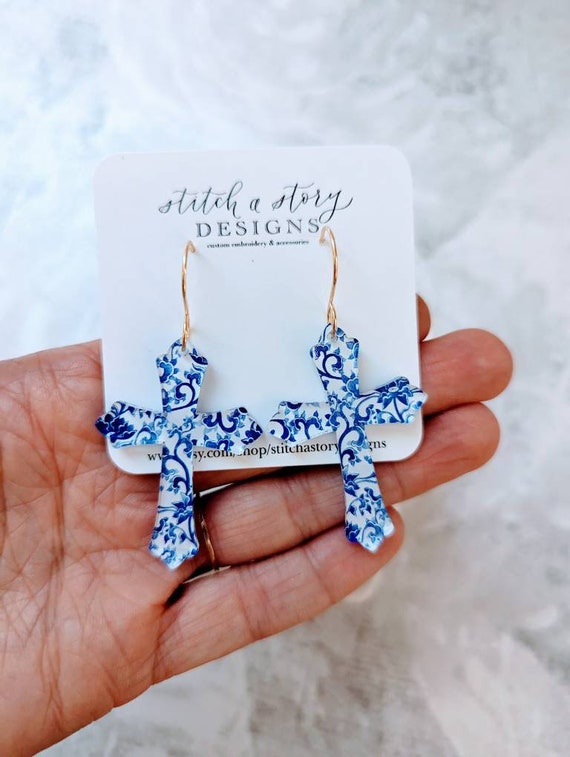 Blue cross earrings deals