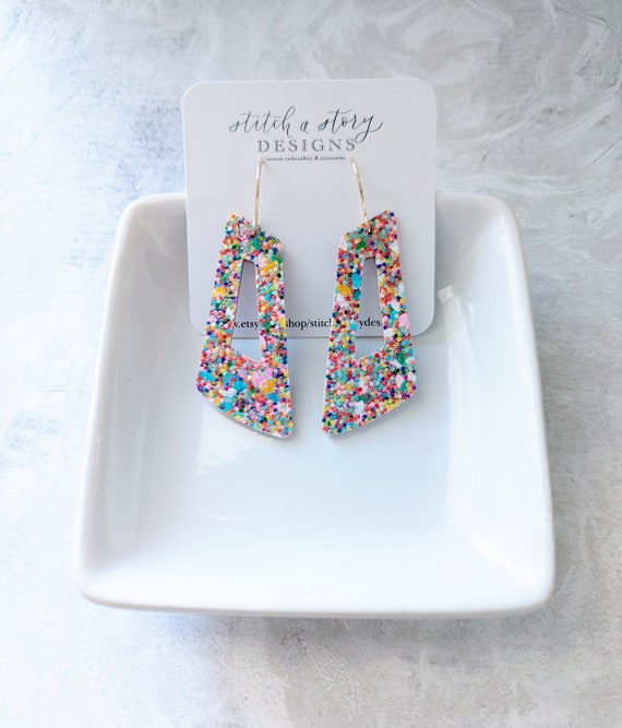 Angled Bar Party Glitter Leather Earrings, Sparkle Leather