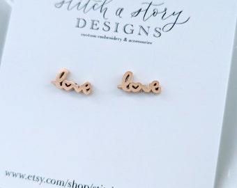 Tiny gold love stud earrings, love earrings