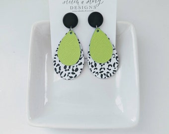 Neon lime green and black snow leopard leather double teardrop earring, double teardrop leather earring