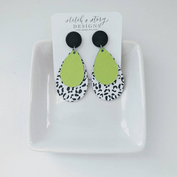 Neon lime green and black snow leopard leather double teardrop earring, double teardrop leather earring