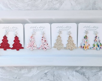 Gold glitter leather Christmas tree earring, pink Christmas tree earring, tree earring, leather earring, gold tree earring