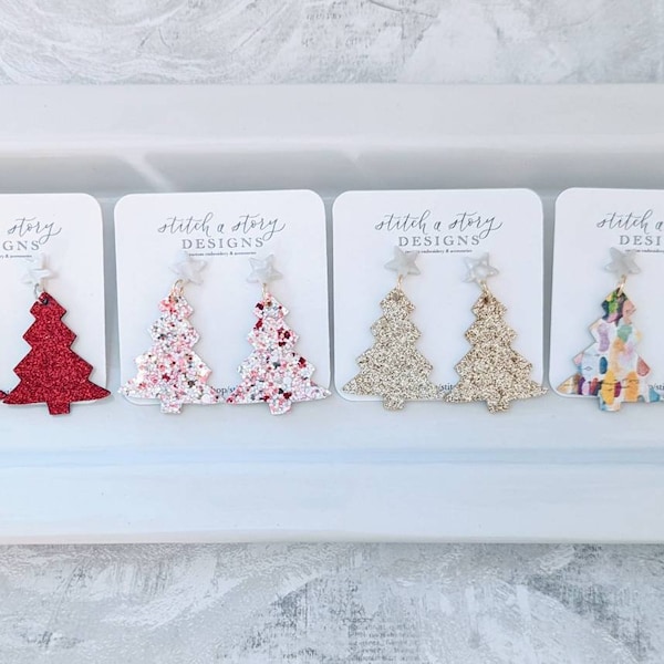 Gold glitter leather Christmas tree earring, pink Christmas tree earring, tree earring, leather earring, gold tree earring