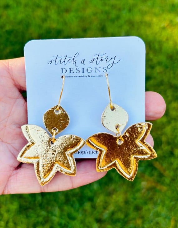 Gold Leather Petal Earrings, Gold Leather Dangle Earrings