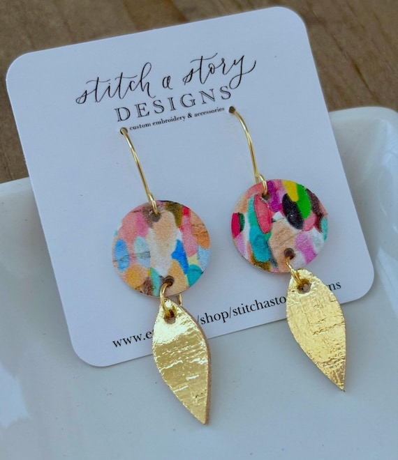 Colorful Leather Earrings, Small Confetti Earrings, Confetti and