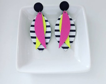 Retro neon black and white stripe leaf earrings, pink and green leaf leather earrings leather leaf earring, neon leather earrings, tassels