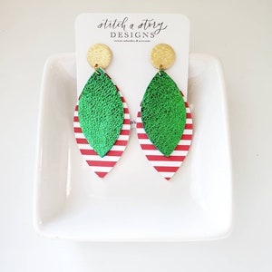 Red and green leather Christmas earring, Santa Christmas earring, leather Christmas earring, leather earring, red stripe Christmas earring