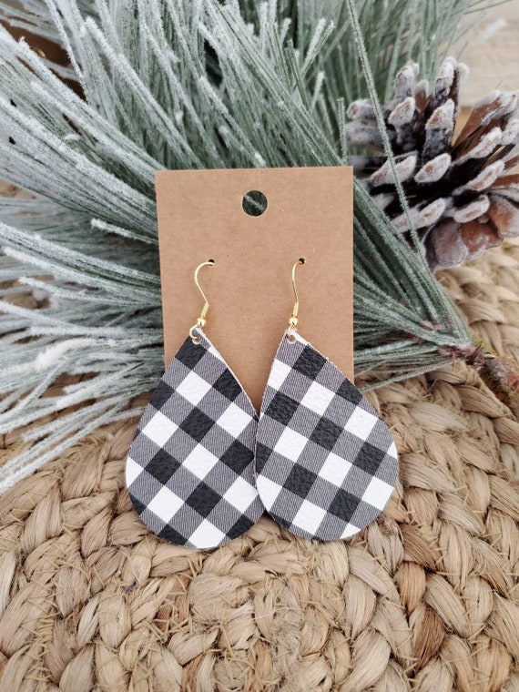 Buffalo Plaid Leather Earring Teardrop Leather Earring Black and