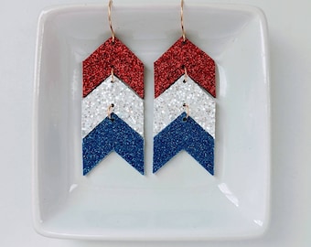 Patriotic glitter earrings, chevron red white and blue earrings, leather glitter earrings, USA earrings, flag earrings