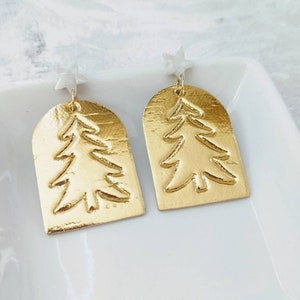 Gold embossed Christmas tree cork on leather earrings